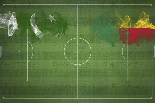 Pakistan vs Benin Soccer Match, national colors, national flags, soccer field, football game, Competition concept, Copy space