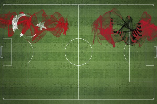 Turkey vs Albania Soccer Match, national colors, national flags, soccer field, football game, Competition concept, Copy space