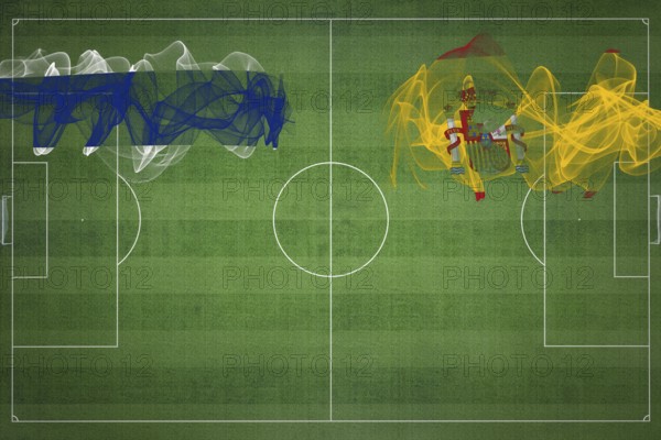 Thailand vs Spain Soccer Match, national colors, national flags, soccer field, football game, Competition concept, Copy space