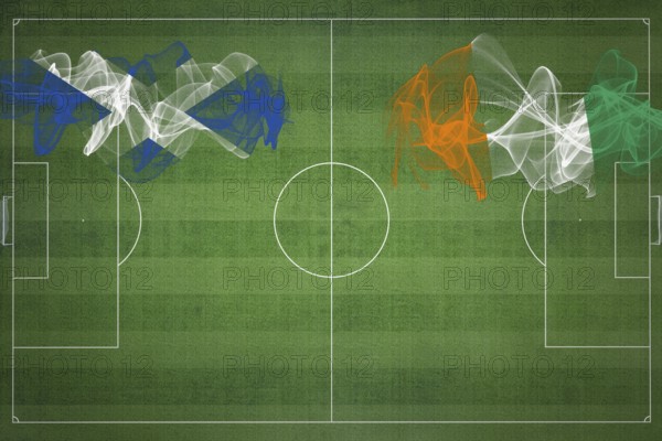 Scotland vs Ivory Coast Soccer Match, national colors, national flags, soccer field, football game, Competition concept, Copy space