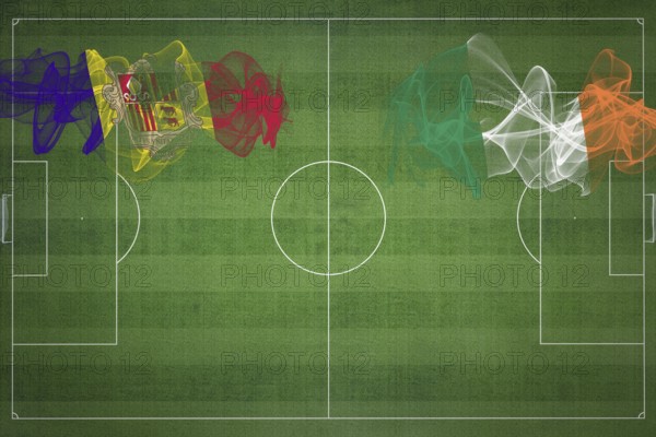 Andorra vs Ireland Soccer Match, national colors, national flags, soccer field, football game, Competition concept, Copy space