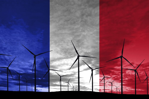 France flag wind farm at sunset, sustainable development, renewable energy Wind Turbines