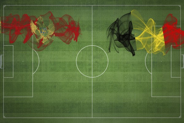 Montenegro vs Belgium Soccer Match, national colors, national flags, soccer field, football game, Competition concept, Copy space