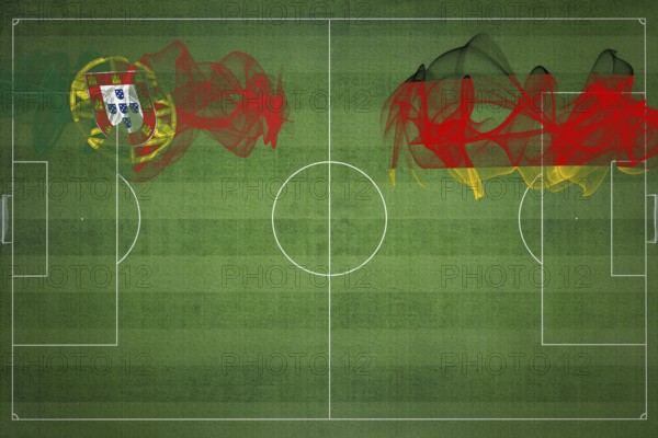 Portugal vs Germany Soccer Match, national colors, national flags, soccer field, football game, Competition concept, Copy space