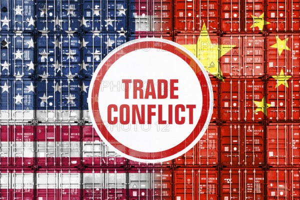 Customs sign with the inscription Trade Conflict in front of stacked containers in us and Chinese national colours, symbolic photo trade war between the USA and China, photomontage