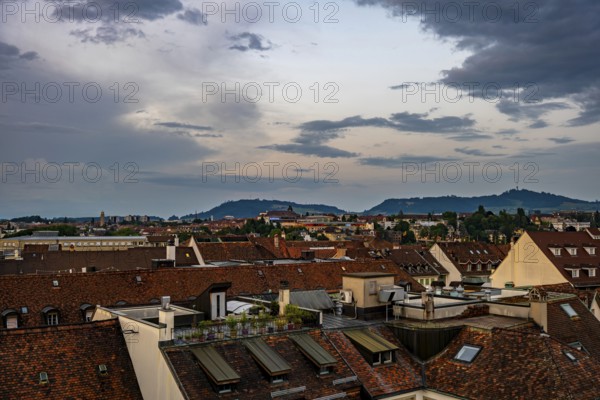 Panoramic Beautiful Cityscape in Sunset in City of Bern, Canton Bern, Switzerland, Europe