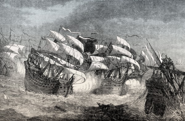 Sir Francis Drake attacking the Spanish Armada, 1588, From British Battles on Land and Sea, by James Grant
