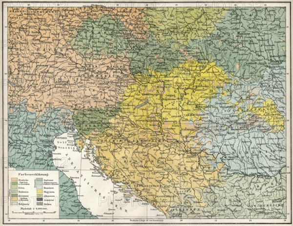 Historical, ethnological map of Austria-Hungary, Dual Monarchy or kuk monarchy, for the period between 1867 and 1918, ethnic groups such as Germans, Slovaks, Moravians, Czechs, Poles, Serbs, Croats etc, 19th Century, Historische, ethnologische Landkarte von Österreich-Ungarn, k. u. k. Doppelmonarchie oder Donaumonarchie, für den Zeitraum zwischen 1867 und 1918, Volkgruppen wie Deutsche, Slowaken, Mährer, Tschechen, Polen, Serben, Kroaten, etc.
