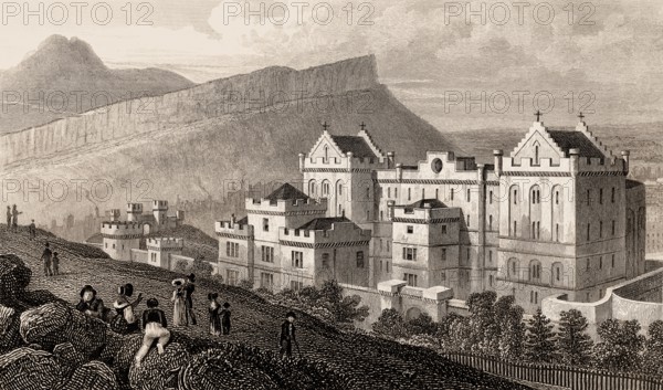 The new Bridewell, Salisbury Crags, and Arthur's Seat from Calton Hill, Edinburgh, Scotland, 19th century, from Modern Athens by Th. H. Shepherd