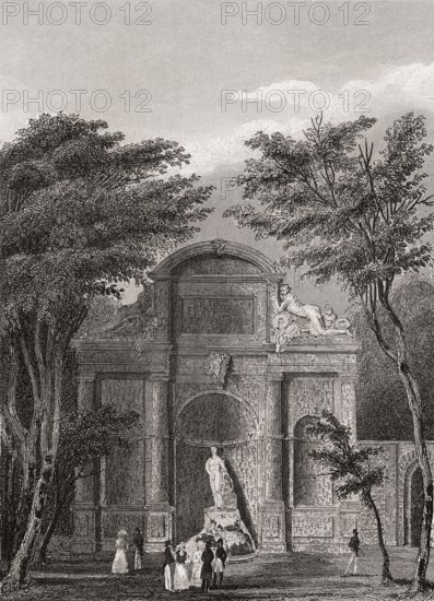 Parc de Saint-Cloud, near Paris, antique steel engraved print, 1831