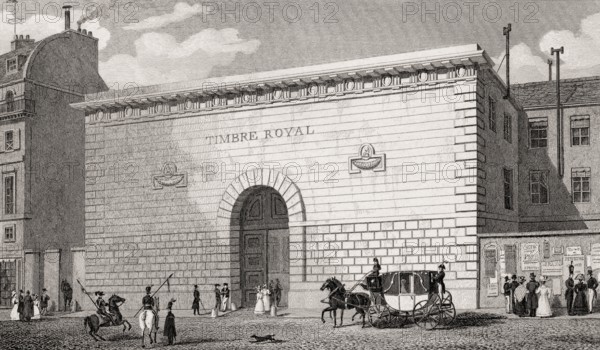 Timbre Royal, Hotel du Timbre, antique steel engraved print, 1831