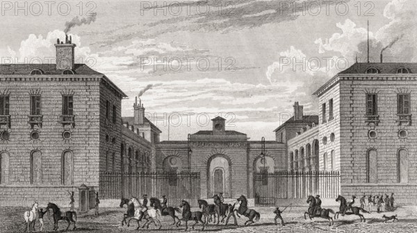 Ecuries du Roi, Faubourg du Roule, antique steel engraved print, 1831