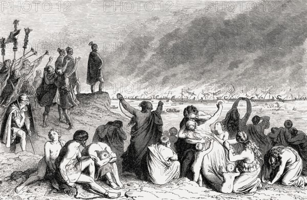 Burning the Carthaginian fleet, Publius Cornelius Scipio Africanus, 236–183 BC, a Roman general