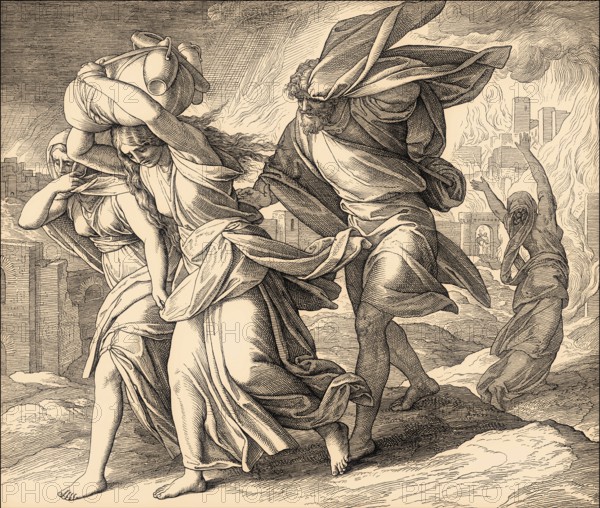 Lot and his family fleeing from burning Sodom and Gomorrah, Old Testament, by Julius Schnorr von Carolsfeld, 1860