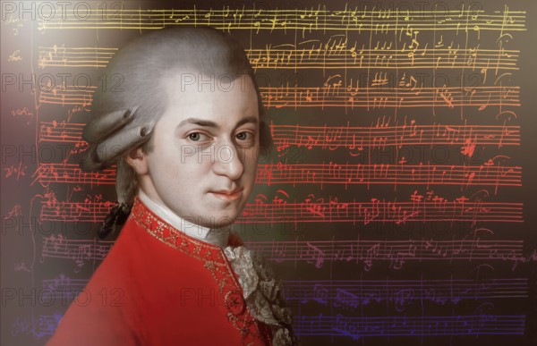Wolfgang Amadeus Mozart, 1756 – 1791, composer of classical music, First Viennese School, notesheet from Minuet No. 2 for orchestra, KV 164, 1772, digitally edited