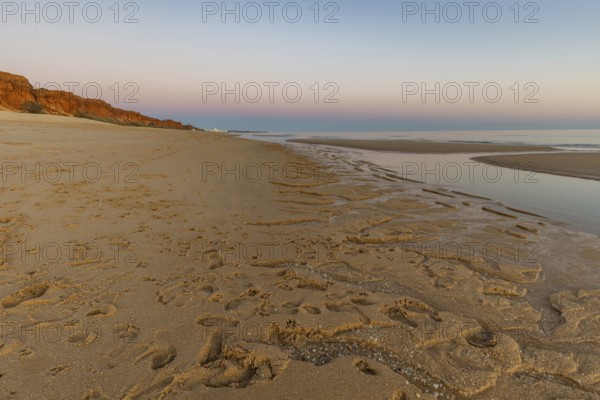 What a sandy beach on the Atlantic. Landscape shot at sunset on a coast with sandstone cliffs. Low tide on the yellow beach of Praia da Falésia near Albufeira, Algarve, Portugal, Europe