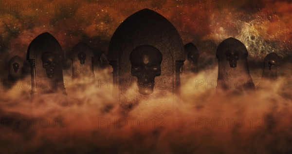 Cemetery At Night With Tombstones With Skulls And Burning Sky Full Of Clouds and Stars in The Background. Halloween Concept 3D illustration