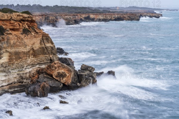 Rough waves on the coast of Cala Pi and S Estalella, Llucmajor, Majorca, Balearic Islands, Spain, Europe
