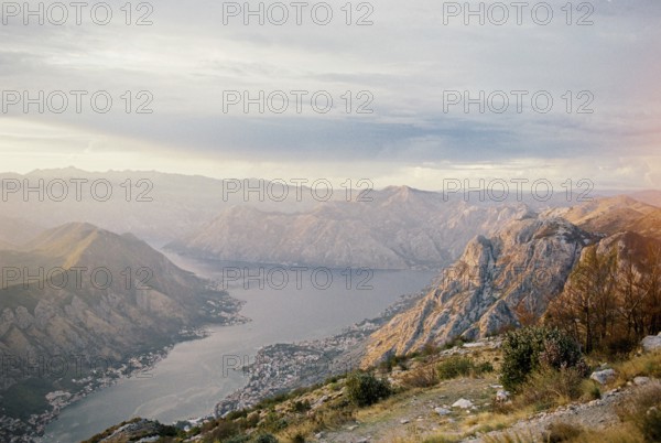 View from the top of the mountain to the valley of the Kotor Bay at sunset.
