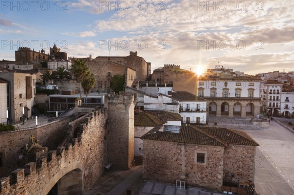 Scenic sunset in the medieval city of Caceres, Spain. High quality photo