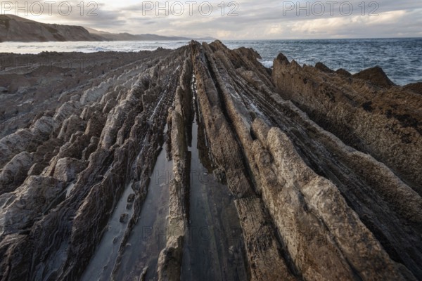 Coast landscape of famous Flysch in Zumaia, Basque country, Spain. Famous geological formations landmark