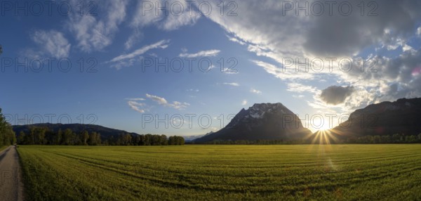 Sunset in Ennstal, mountain range Grimming, panoramic shot, near Irdning, Ennstal, Styria, Austria, Europe