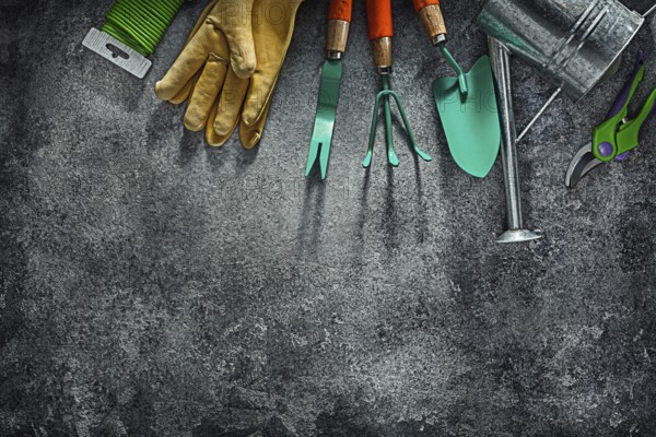 Garden Tools On Dark Gray Background Flatlay Free Space