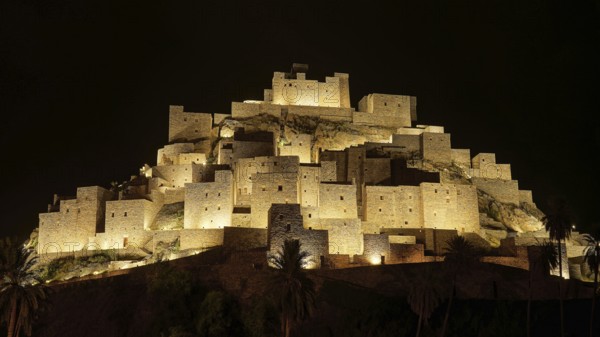 Middle East, Saudi Arabia, The mountain village of Thai Ain by night, Thee-Ain, Dhi Ayn, Zee Ain Village, Al-Baha region, Thee Ain, Asia