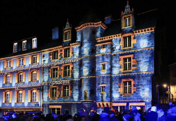 Projections on the façade of the Maison de la Duchesse Anne, light show at the turn of the year in the old town centre of Landerneau, Finistere Penn-ar-Bed department, Bretagne Breizh region, France, Europe