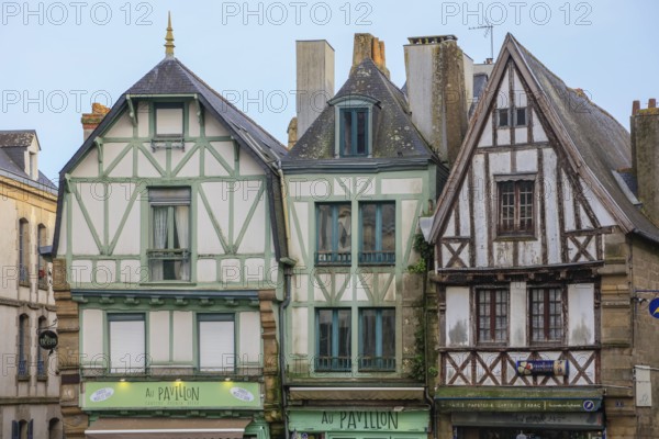 Three half-timbered houses on the Place de la Republique, Auray, Morbihan department, Bretagne Breizh region, France, Europe