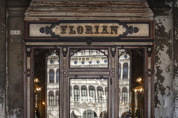 Historic façade of the famous Caffè Florian with reflective windows, Piazza San Marco, symbolic image, Venice, Veneto region, Italy, Europe