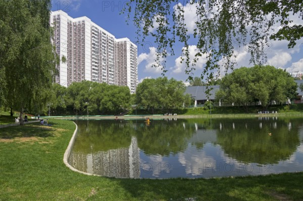 Moscow, Russia, Jume 15, 2021: Small Konkovsky pond. South-Western Administrative District of Moscow, Russia. Sunny day in mid-June, Europe