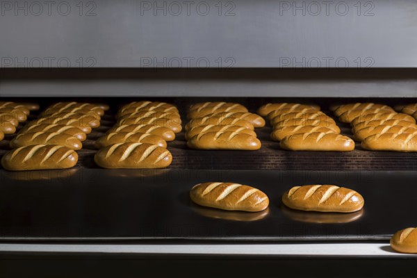 Baguettes baking in industrial oven. Loaves of bread at production line. Food factory