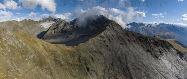 Alpine panorama, Gross Muttenhorn, Muttgletscher and Tällistock, in the back right Griessgletscher and Blinnenhorn, aerial view from Tällilücke, Valais, Switzerland, Europe