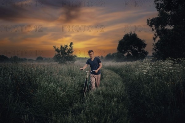 Young man walks with a retro bike along a field road, vintage style in the village at sunset. Sadness and romance in nature