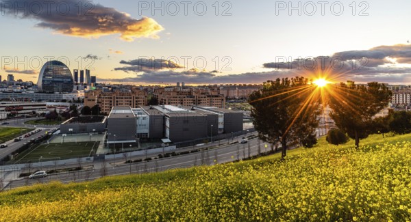 Madrid, Spain, March 7, 2020: Panoramic view of the skyline of Madrid from hill covered with yellow flowers at sunset in springtime, with the rays of the sun going down. Las Tablas, Europe