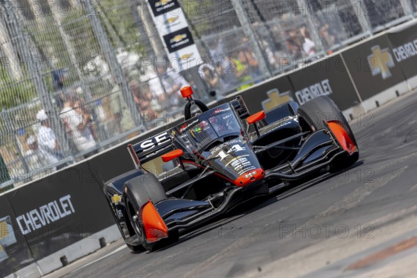 INDYCAR driver, SANTINO FERRUCCI (14) of Woodbury, Connecticut, travels through the turns in his AJ Foyt Racing Chevrolet car during a practice session for the Chevrolet Detroit Grand Prix at the Streets of Downtown Detroit in Detroit, MI, USA, North America