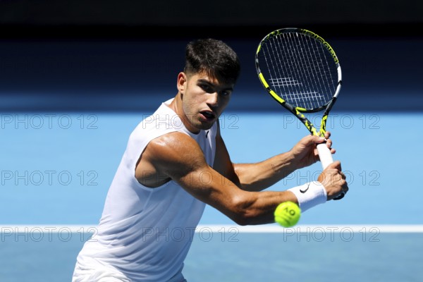 MELBOURNE, AUSTRALIA, JANUARY 11: Carlos Alcaraz of Spain completes a training session with Stan Wawrinka of Switzerland ahead of the 2024 Australian Open at Melbourne Park on January 11, 2024 in Melbourne, Australia, Oceania