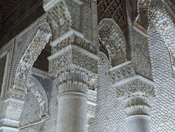 MARRAKECH, MOROCCO, APRIL 19, 2023, Oriental decoration of the famous Saadian tombs in the center of Marrakech, Morocco, Africa