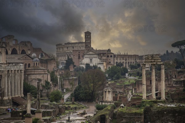 Rainy weather in the morning, sunrise in an old historic city. Beautiful details and historic Roman buildings of the eternal city, Rome, Italy, Europe
