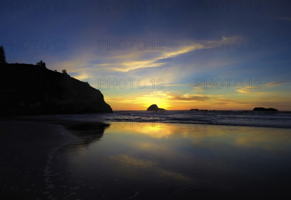 The Beach at Sunset, A panoramic color image of the beach at sunset. Taken near Trinidad, California, USA, North America