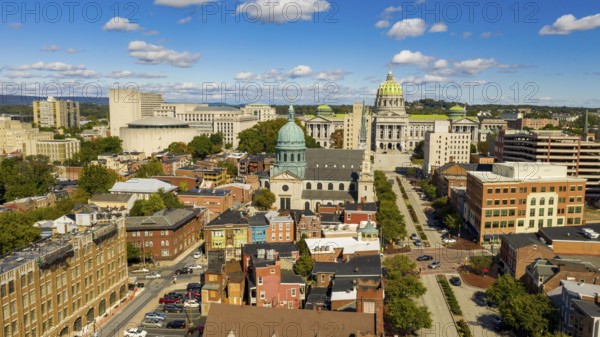 Early Morning light hits the buildings and downtown city center area in Pennsylvania state capital at Harrisburg