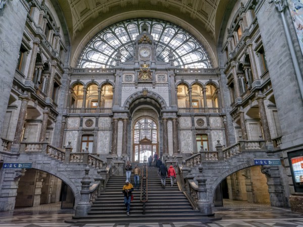Interior view of the opulent old terminus station Antwerp-Centraal, Antwerp, Flanders, Belgium, Europe