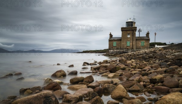 A long exposure view of the historic 19th-century Blacksod Lighthouse on the Mullet Peninsula in County Mayo in Ireland