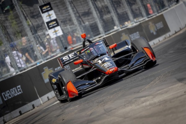 INDYCAR driver, SANTINO FERRUCCI (14) of Woodbury, Connecticut, travels through the turns in his AJ Foyt Racing Chevrolet car during a practice session for the Chevrolet Detroit Grand Prix at the Streets of Downtown Detroit in Detroit, MI, USA, North America