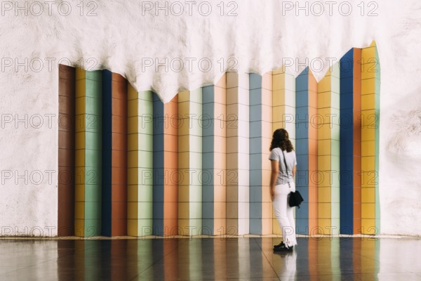 Stockholm, Sweden, August 9, 2019: Blurred motion woman looking at tile colorful pattern in T-Centralen Stockholm underground metro station. Blue line, Europe