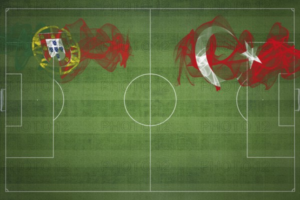 Portugal vs Turkey Soccer Match, national colors, national flags, soccer field, football game, Competition concept, Copy space