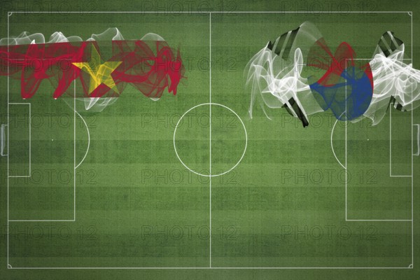 Suriname vs South Korea Soccer Match, national colors, national flags, soccer field, football game, Competition concept, Copy space