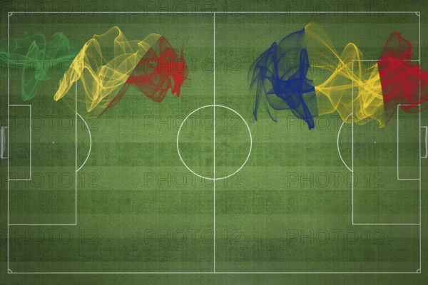 Republic of the Congo vs Romania Soccer Match, national colors, national flags, soccer field, football game, Competition concept, Copy space
