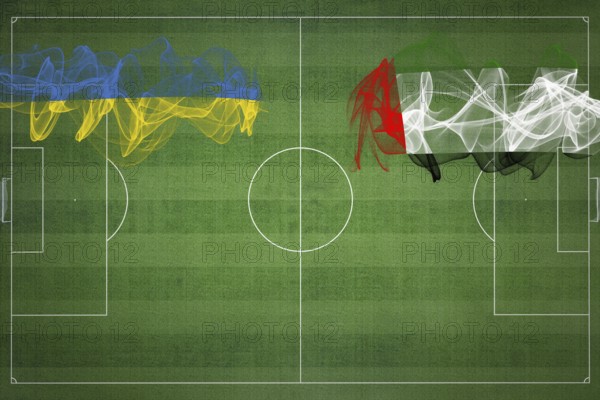 Ukraine vs United Arab Emirates Soccer Match, national colors, national flags, soccer field, football game, Competition concept, Copy space